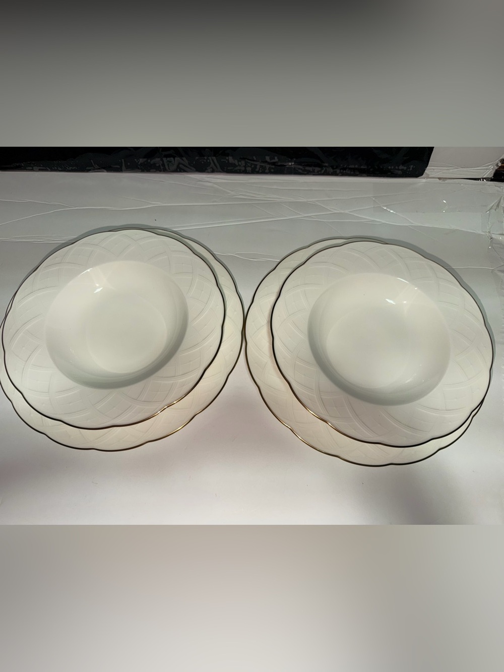 4 Vtg Mikasa WHITE HOUSE Gold, ivory Basket Weave Wide Rim